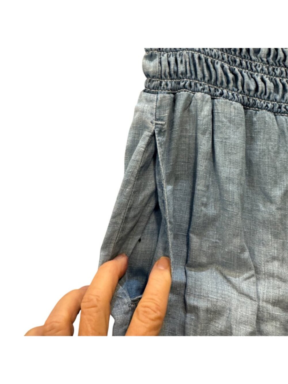 Wide-Leg Linen Women's Pants M Smocked Waist Pull-On Boho Lightly Faded Blue - Picture 5 of 12